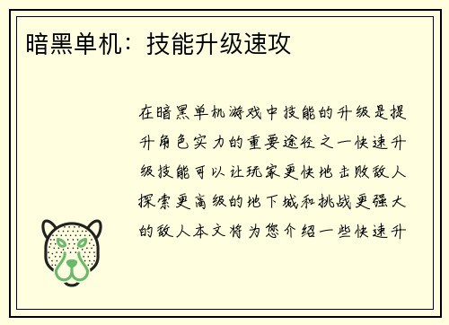 暗黑单机：技能升级速攻